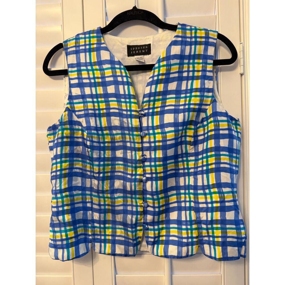 Vintage Spenser Jeremy 100% Silk Vest Size M Plaid Blue Yellow 90s Waistcoat